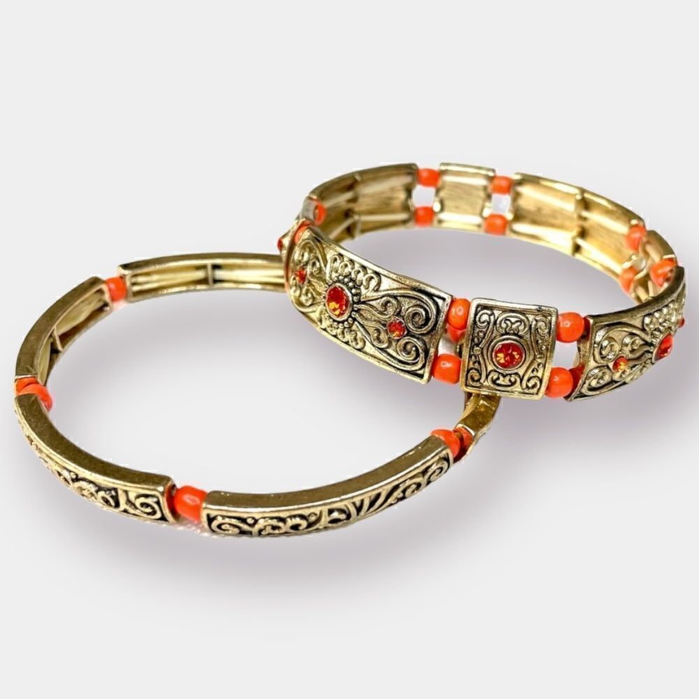 Antiqued Gold Toned and Orange Bead Stone Bracelet Stretchy  Set of 2